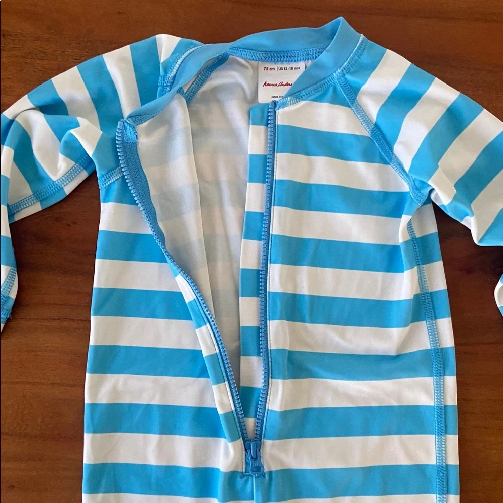 Hanna Andersson Blue and White Striped Kids Rash Guard One-Piece